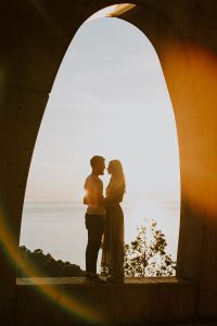 Couple photo at sunset on the west coast of Mallorca